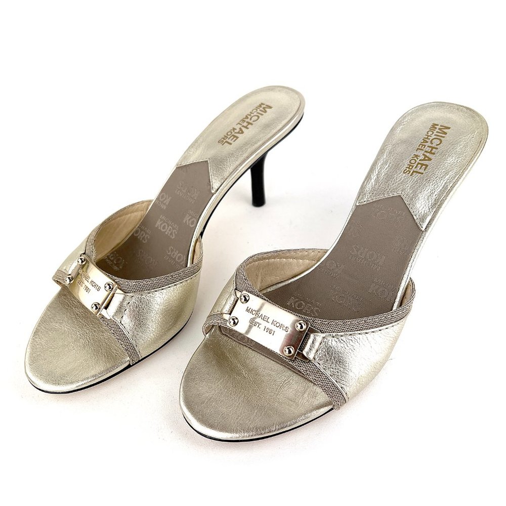 MICHAEL Michael Kors Womens Mules Block Heeled Sandals Open Toe White Gold, 8M